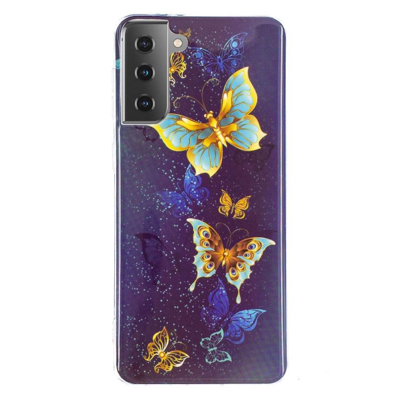 Hoesje voor Samsung Galaxy S21 5G Lichtblauw Donkerblauw Serie Fluorescerende Vlinder