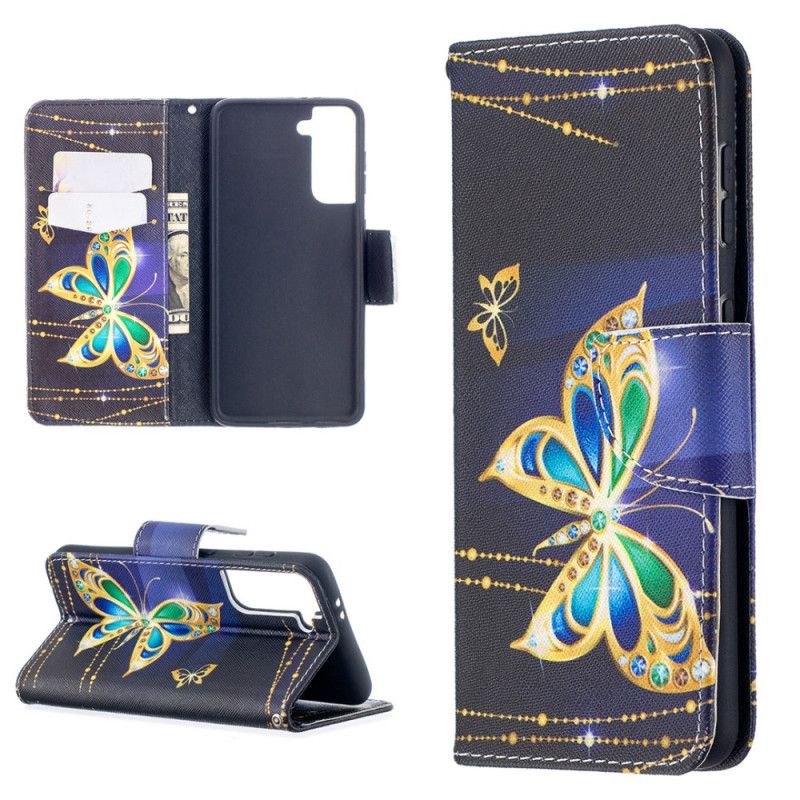 Leren Hoesje Samsung Galaxy S21 5G Donkerblauw Zwart Koningen Vlinders