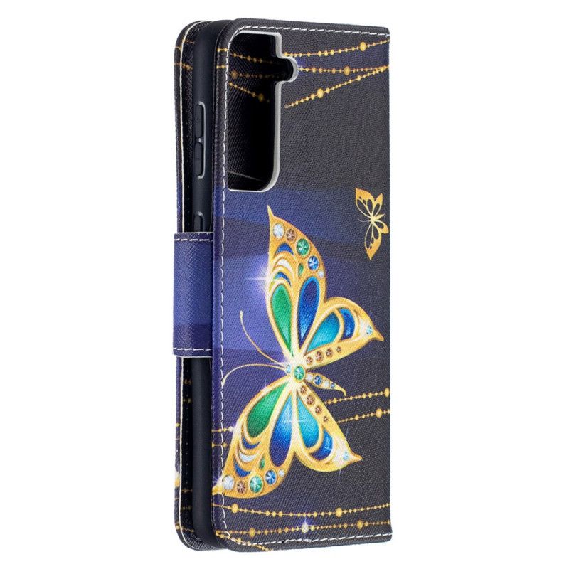 Leren Hoesje Samsung Galaxy S21 5G Donkerblauw Zwart Koningen Vlinders