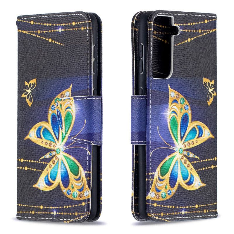 Leren Hoesje Samsung Galaxy S21 5G Donkerblauw Zwart Koningen Vlinders