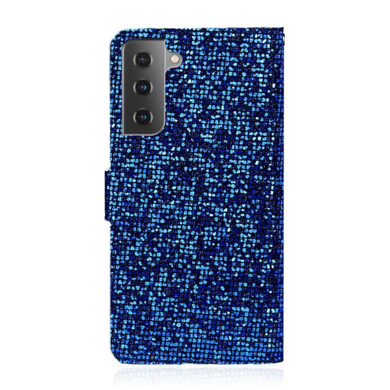 Leren Hoesje Samsung Galaxy S21 5G Donkerblauw Zwart Ontwerp Met Glitter