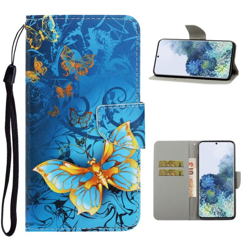 Leren Hoesje Samsung Galaxy S21 5G Donkerblauw Zwart Vlindervariaties Met String