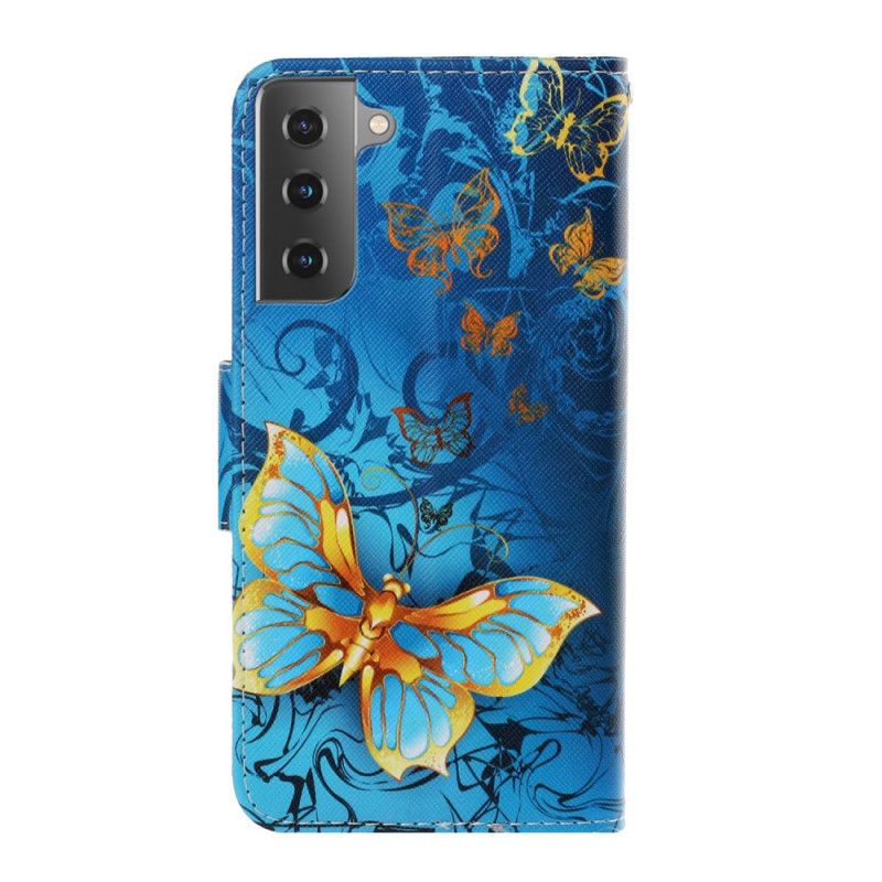 Leren Hoesje Samsung Galaxy S21 5G Donkerblauw Zwart Vlindervariaties Met String