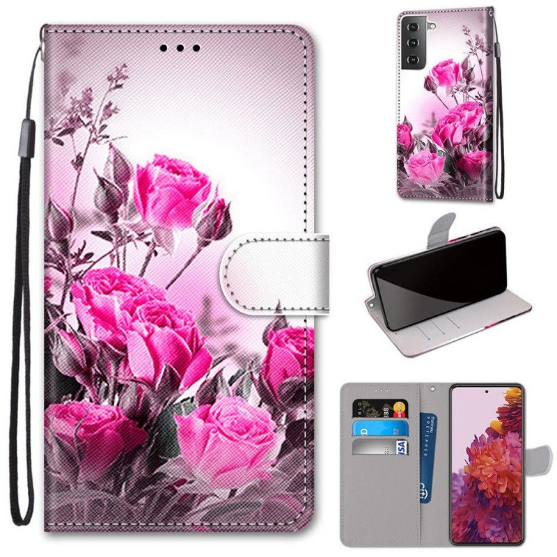 Leren Hoesje Samsung Galaxy S21 5G Goud Magenta Magische Bloemen