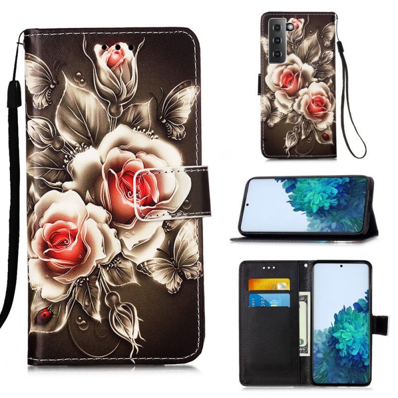 Leren Hoesje Samsung Galaxy S21 5G Gouden Rozen