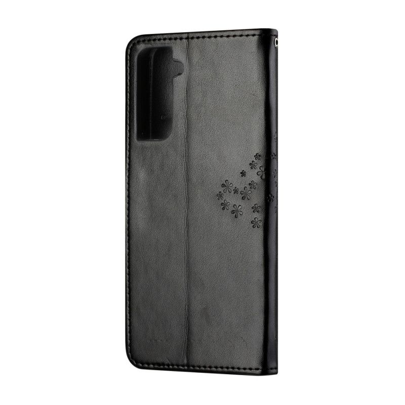 Leren Hoesje Samsung Galaxy S21 5G Grijs Zwart Boom En String Uilen