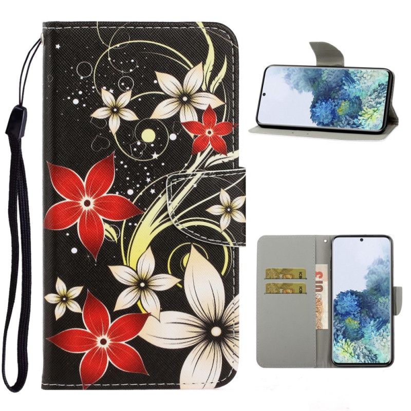 Leren Hoesje Samsung Galaxy S21 5G Grijs Zwart Kleurrijke Bloemen Met Een Riem