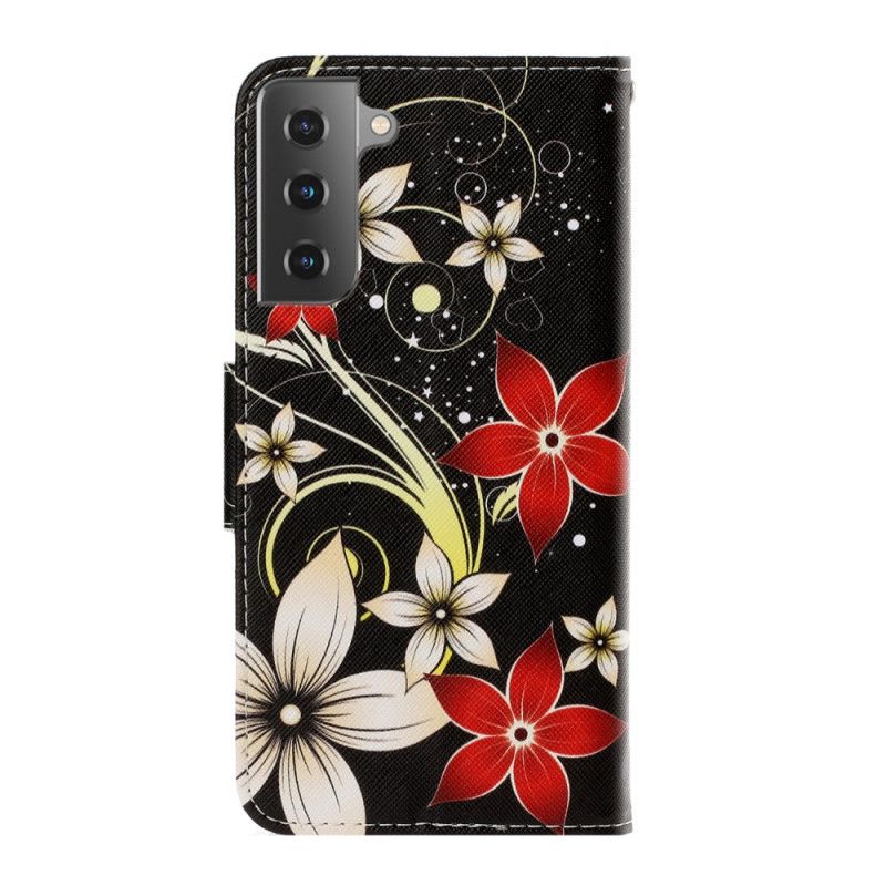 Leren Hoesje Samsung Galaxy S21 5G Grijs Zwart Kleurrijke Bloemen Met Een Riem