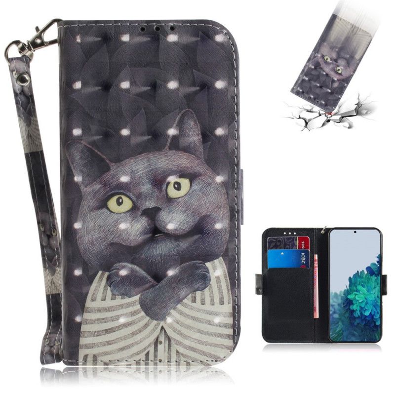 Leren Hoesje Samsung Galaxy S21 5G Grijze Kat Met String