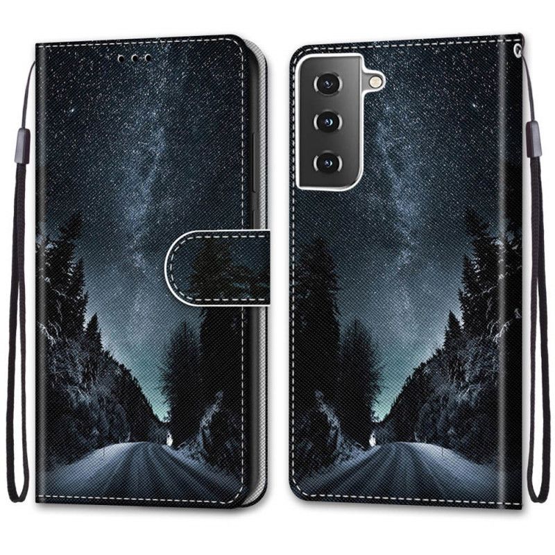 Leren Hoesje Samsung Galaxy S21 5G Lichtblauw Zwart Mysterieuze Natuur