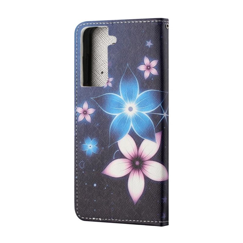 Leren Hoesje Samsung Galaxy S21 5G Maanbloemen Met String