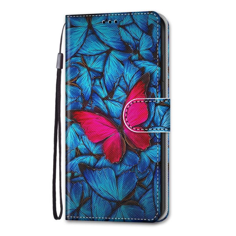 Leren Hoesje Samsung Galaxy S21 5G Rode Vlinder Op Blauwe Achtergrond