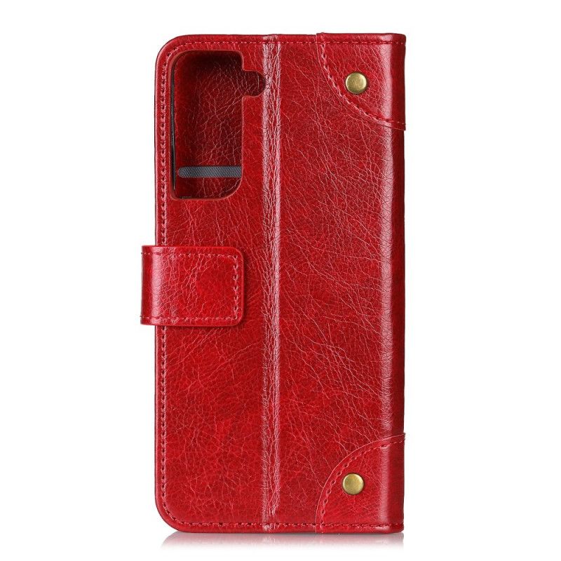 Leren Hoesje Samsung Galaxy S21 5G Rood Zwart Telefoonhoesje Vintage Klinknagels In Nappaleer Stijl