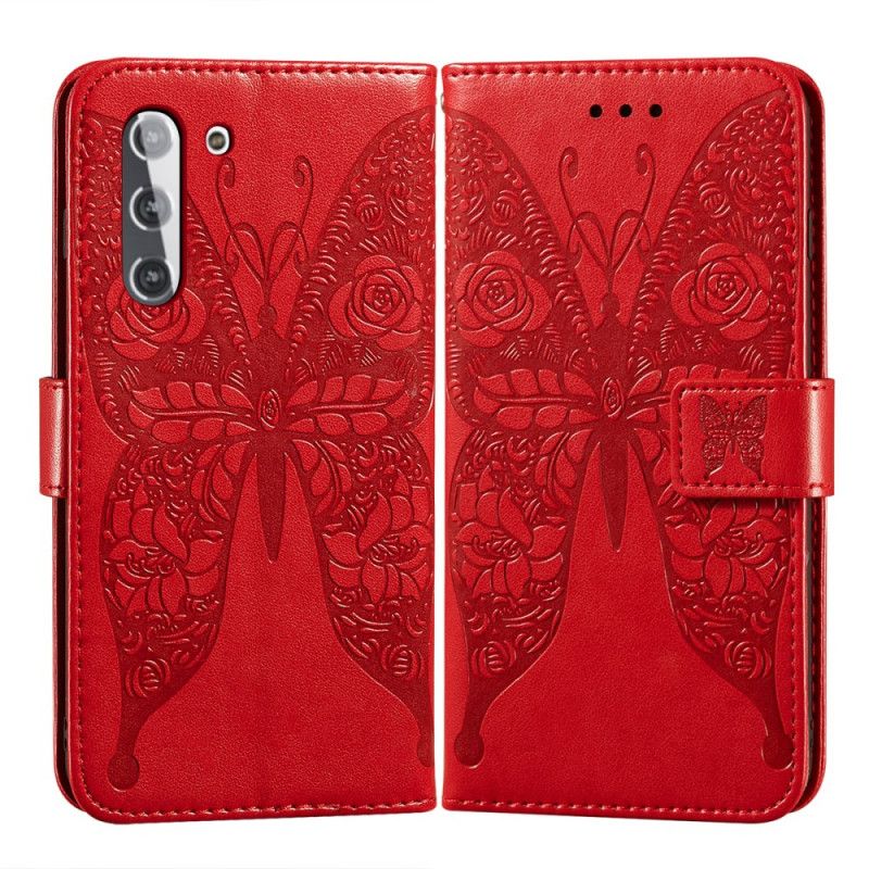 Leren Hoesje Samsung Galaxy S21 5G Rood Zwart Vlinder Bloemenpatroon