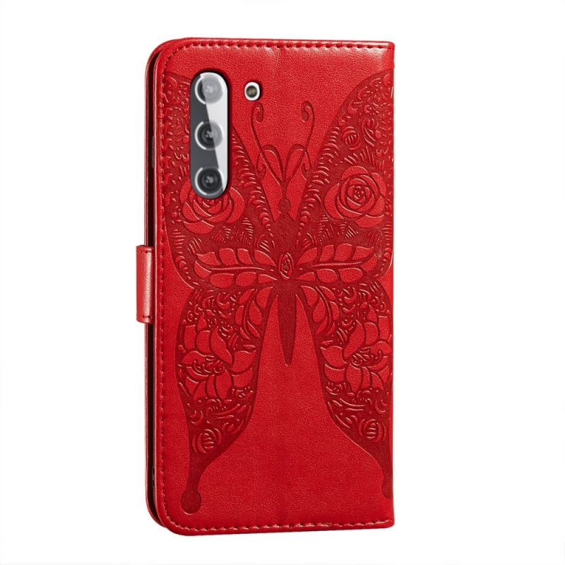 Leren Hoesje Samsung Galaxy S21 5G Rood Zwart Vlinder Bloemenpatroon