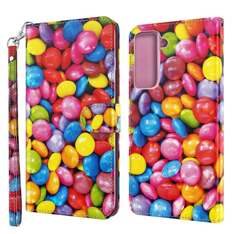 Leren Hoesje Samsung Galaxy S21 5G Telefoonhoesje Lichtvlek Candy Met Riempje