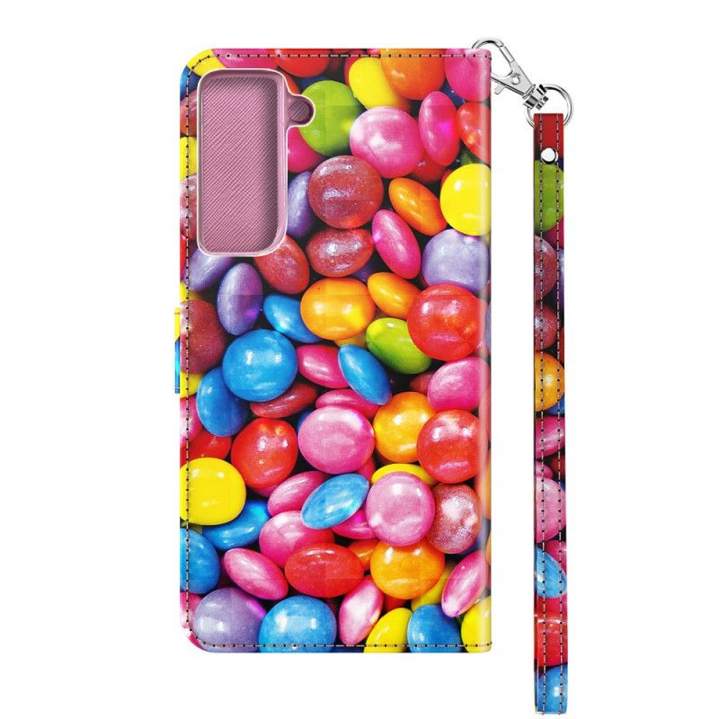 Leren Hoesje Samsung Galaxy S21 5G Telefoonhoesje Lichtvlek Candy Met Riempje