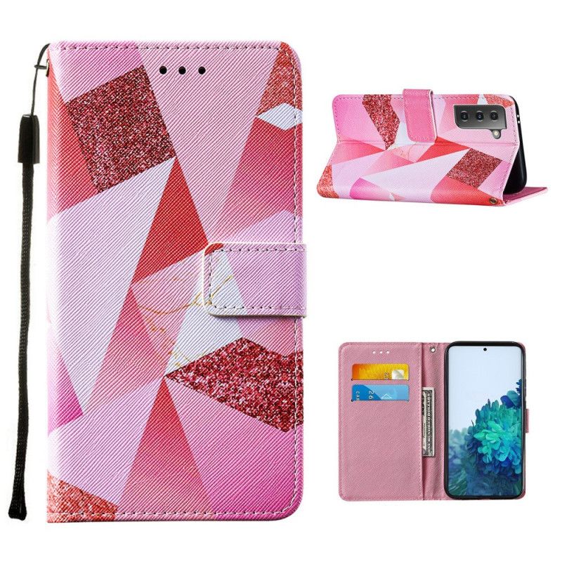 Leren Hoesje Samsung Galaxy S21 5G Telefoonhoesje Magenta Driehoeken En Glitter