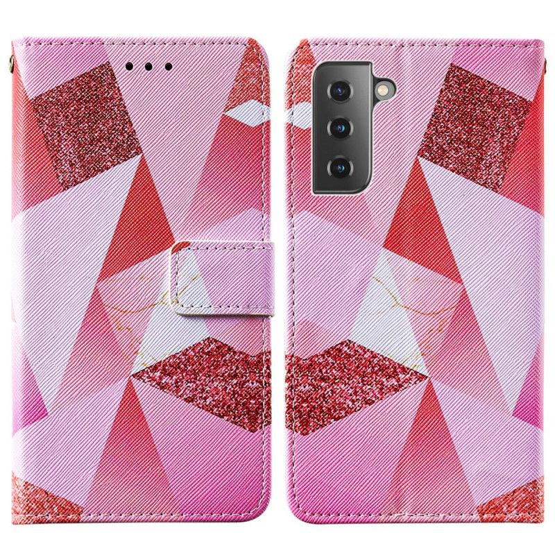 Leren Hoesje Samsung Galaxy S21 5G Telefoonhoesje Magenta Driehoeken En Glitter