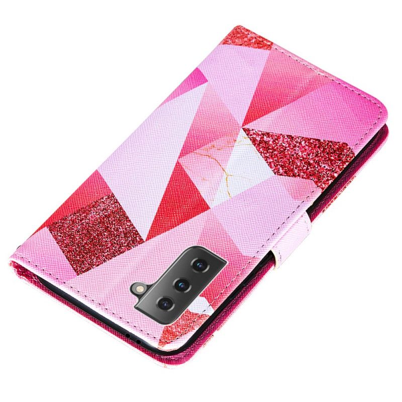 Leren Hoesje Samsung Galaxy S21 5G Telefoonhoesje Magenta Driehoeken En Glitter