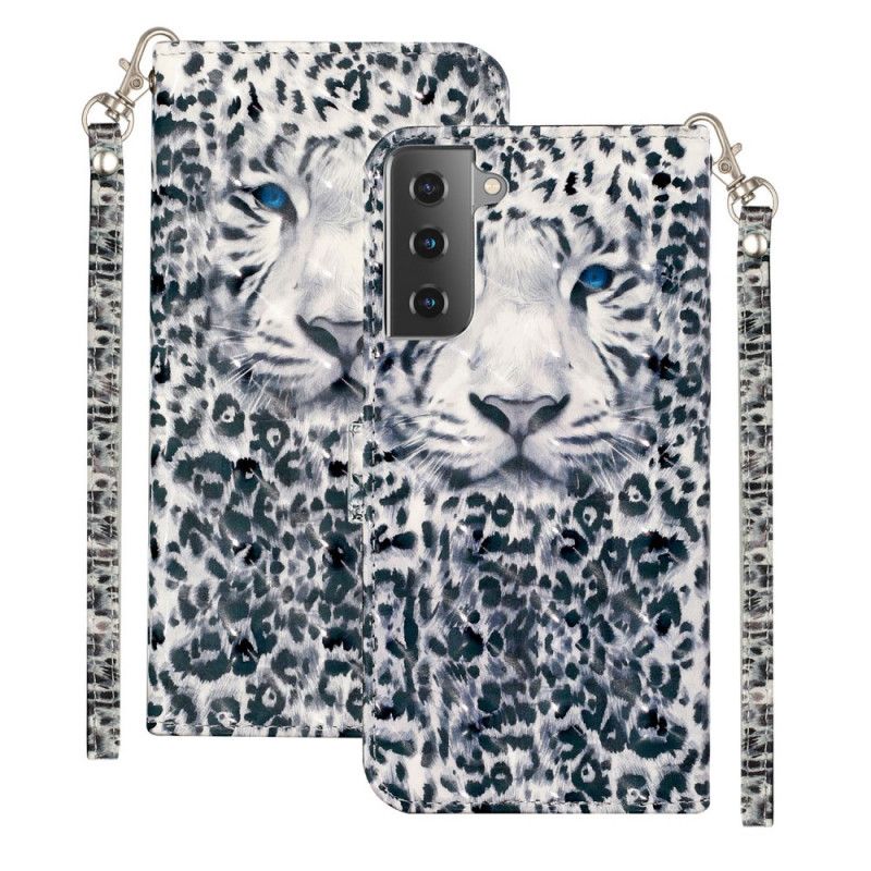 Leren Hoesje Samsung Galaxy S21 5G Wit Zwart Tijgerlichtspots Met Riempje