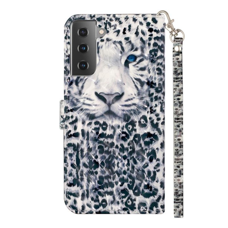 Leren Hoesje Samsung Galaxy S21 5G Wit Zwart Tijgerlichtspots Met Riempje