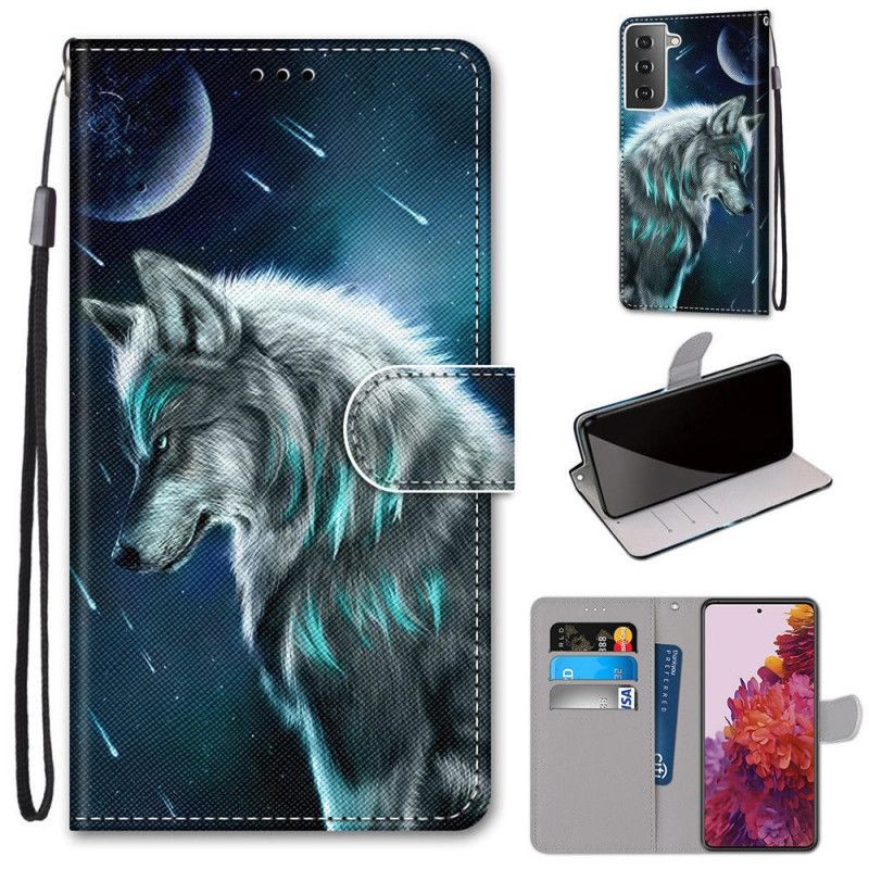 Leren Hoesje Samsung Galaxy S21 5G Wolf Onder Een Sterrenregen