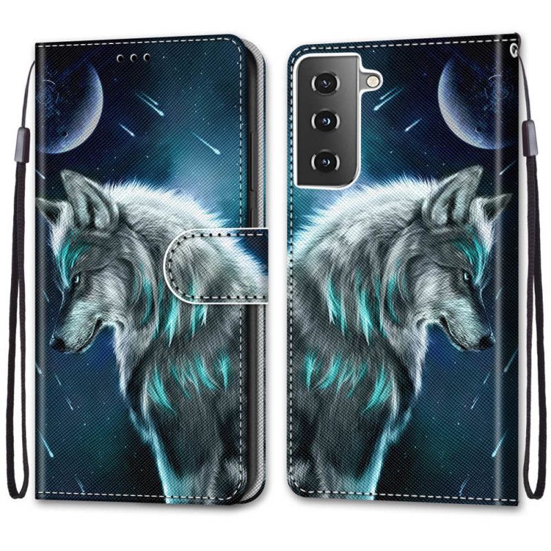 Leren Hoesje Samsung Galaxy S21 5G Wolf Onder Een Sterrenregen