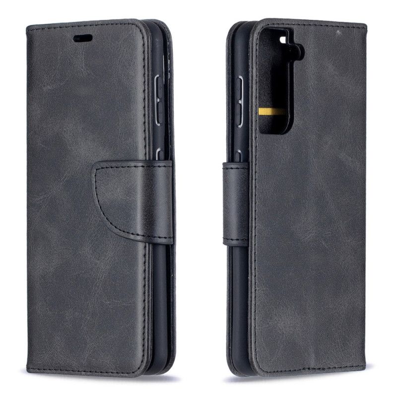 Leren Hoesje voor Samsung Galaxy S21 5G Grijs Zwart Gladde Schuine Flap