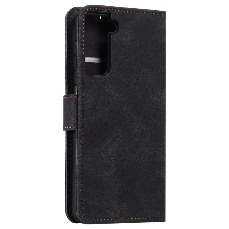 Leren Hoesje voor Samsung Galaxy S21 5G Grijs Zwart Skin-Touch Naden