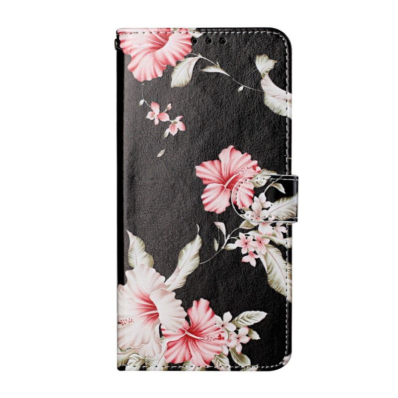 Leren Hoesje voor Samsung Galaxy S21 5G Lichtblauw Zwart Wilde Bloemen