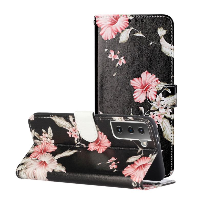 Leren Hoesje voor Samsung Galaxy S21 5G Lichtblauw Zwart Wilde Bloemen