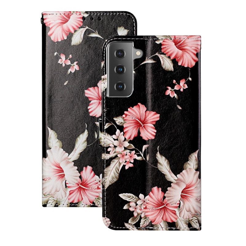 Leren Hoesje voor Samsung Galaxy S21 5G Lichtblauw Zwart Wilde Bloemen