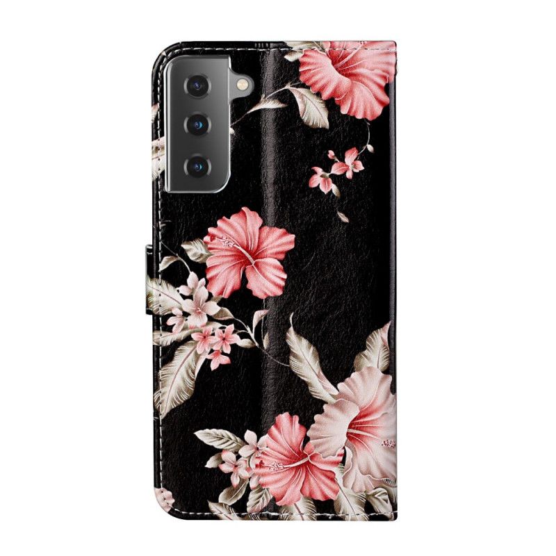 Leren Hoesje voor Samsung Galaxy S21 5G Lichtblauw Zwart Wilde Bloemen