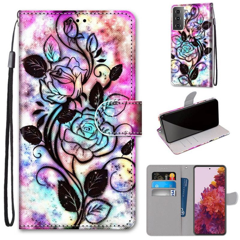 Leren Hoesje voor Samsung Galaxy S21 5G Neonbloemen