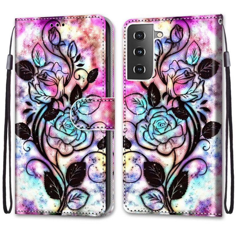 Leren Hoesje voor Samsung Galaxy S21 5G Neonbloemen