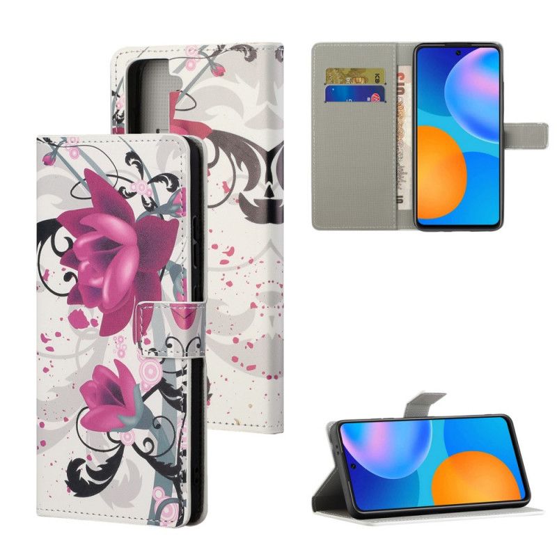 Leren Hoesje voor Samsung Galaxy S21 5G Roze Magenta Tropische Bloemen