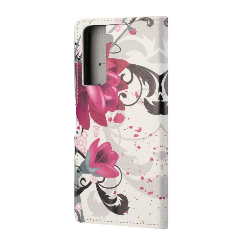 Leren Hoesje voor Samsung Galaxy S21 5G Roze Magenta Tropische Bloemen