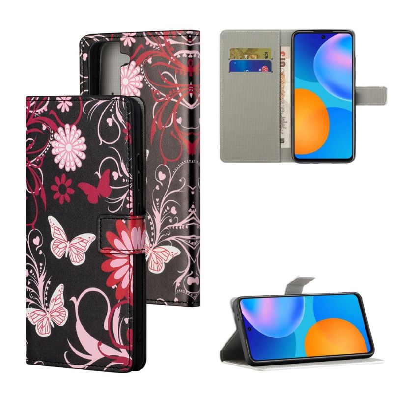 Leren Hoesje voor Samsung Galaxy S21 5G Wit Zwart Vlinders En Bloemen