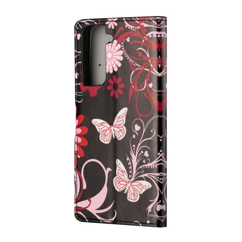 Leren Hoesje voor Samsung Galaxy S21 5G Wit Zwart Vlinders En Bloemen