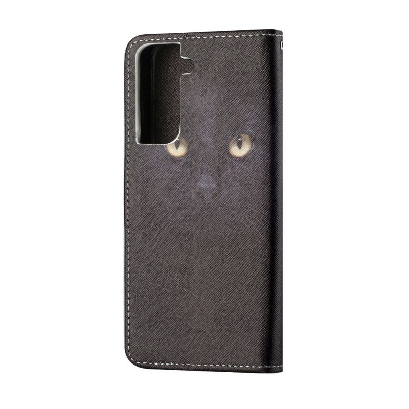 Leren Hoesje voor Samsung Galaxy S21 5G Zwarte Kattenogen Met String