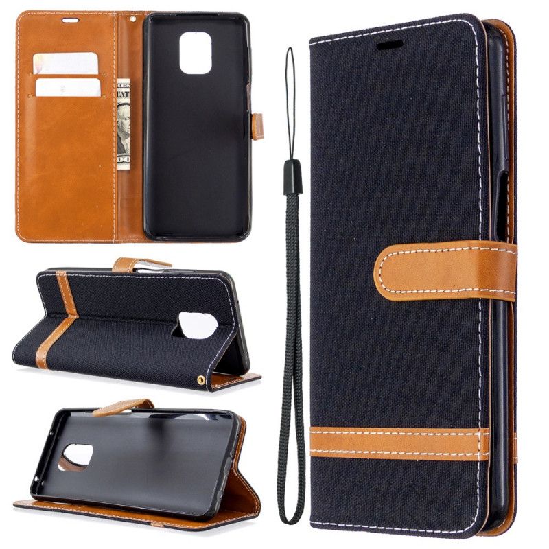 Flip Case Leren Xiaomi Redmi Note 9S / Note 9 Pro Grijs Zwart Stof En Leereffect Met String