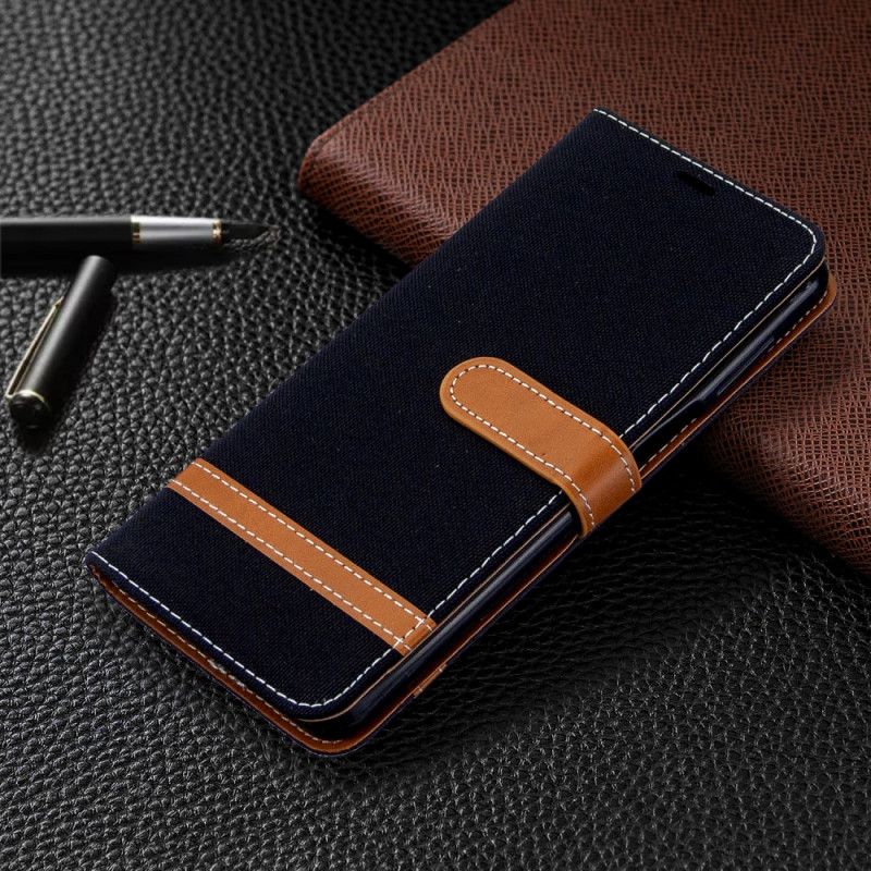 Flip Case Leren Xiaomi Redmi Note 9S / Note 9 Pro Grijs Zwart Stof En Leereffect Met String