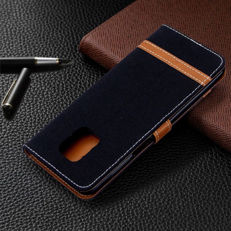 Flip Case Leren Xiaomi Redmi Note 9S / Note 9 Pro Grijs Zwart Stof En Leereffect Met String