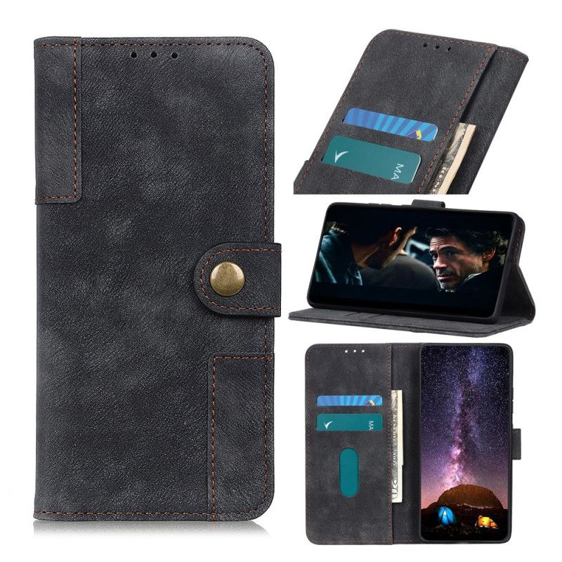 Leren Hoesje Xiaomi Redmi Note 9S / Note 9 Pro Donkerblauw Zwart Telefoonhoesje Vintage Leer En Klinknagel Stijl