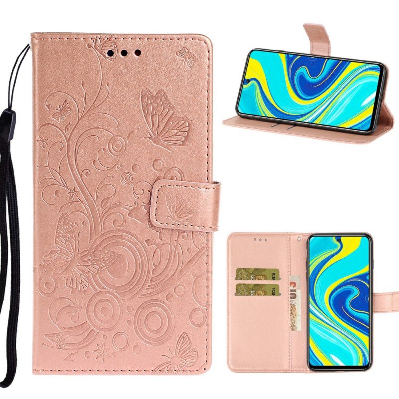 Leren Hoesje Xiaomi Redmi Note 9S / Note 9 Pro Paars Magenta Vlinders In De Bloemen