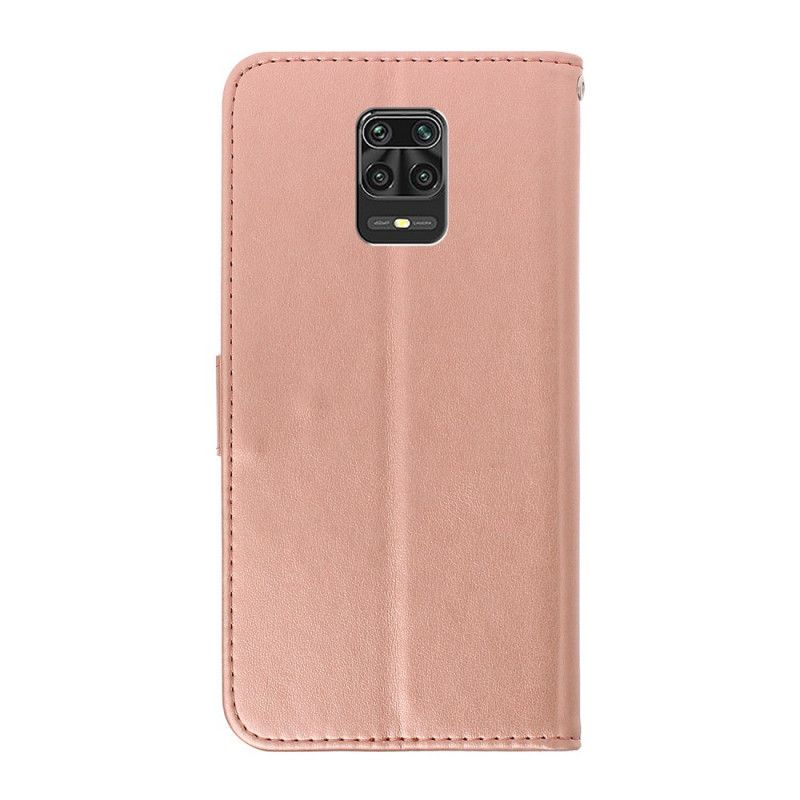 Leren Hoesje Xiaomi Redmi Note 9S / Note 9 Pro Paars Magenta Vlinders In De Bloemen