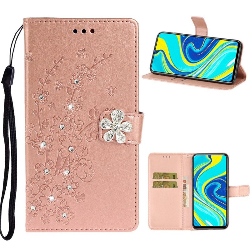 Leren Hoesje Xiaomi Redmi Note 9S / Note 9 Pro Rose Goud Bloem Bedel