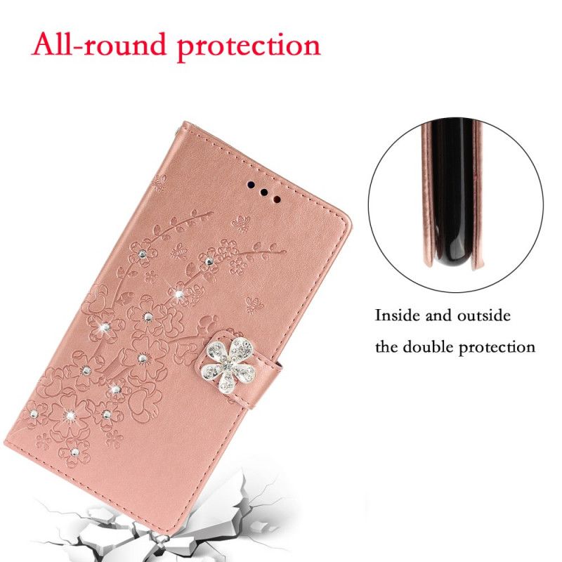 Leren Hoesje Xiaomi Redmi Note 9S / Note 9 Pro Rose Goud Bloem Bedel