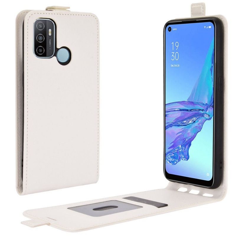 Leren Hoesje voor Oppo A53s Wit Zwart Verticale Klep Met Leereffect